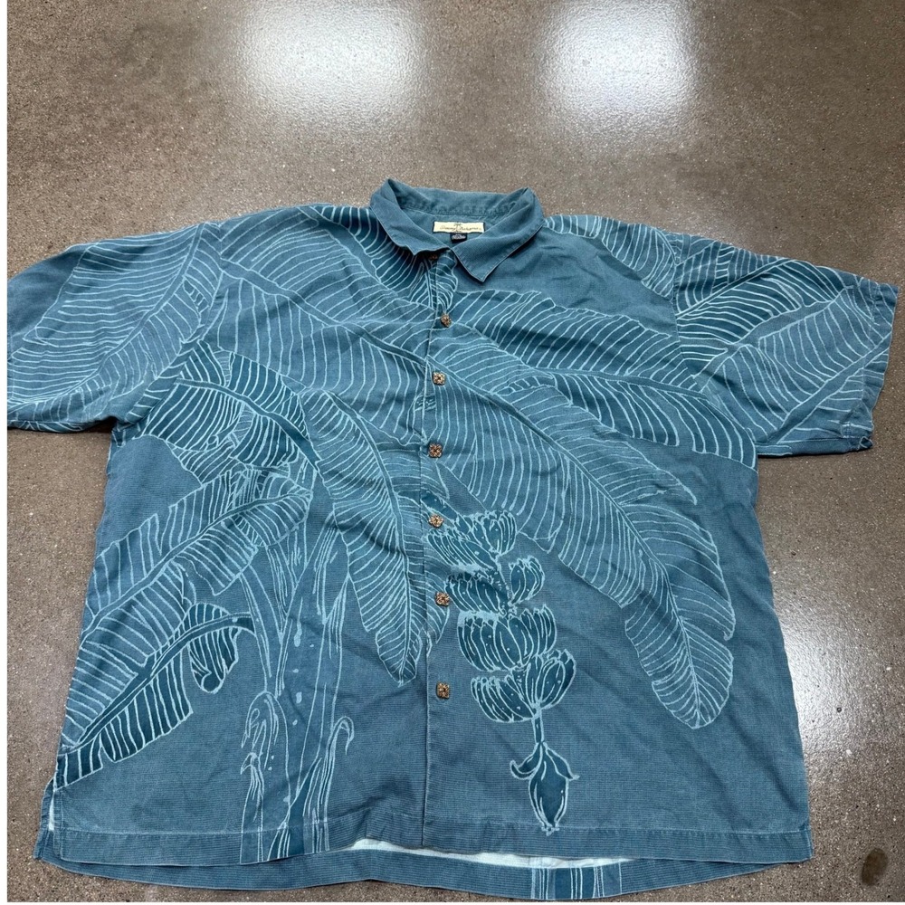 Tommy Bahama Mens 90s XXL Blue Silk Banana Leaf Tropical Camp Shirt Button Up